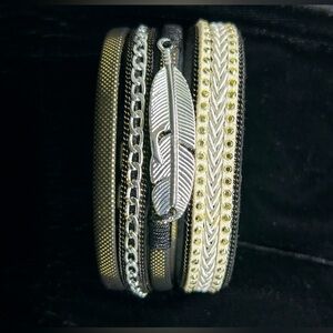 Silver Feather & Leather Magnetic Cuff Bracelet